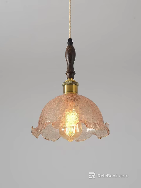Textured Glass Shade Pendant Light with Wooden Rod Golden Fixture and Fluted Edge Warm Glow 3d model 