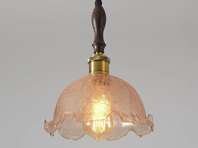 Textured Glass Shade Pendant Light with Wooden Rod Golden Fixture and Fluted Edge Warm Glow 3d model