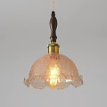 Textured Glass Shade Pendant Light with Wooden Rod Golden Fixture and Fluted Edge Warm Glow