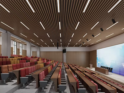 Spacious Conference Room Interior With Colorful Seats Podium Large Screen And Ceiling Lighting 3d model