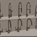 Various Modern Brass Kitchen Faucet Designs Displayed on White Shelves 3d model