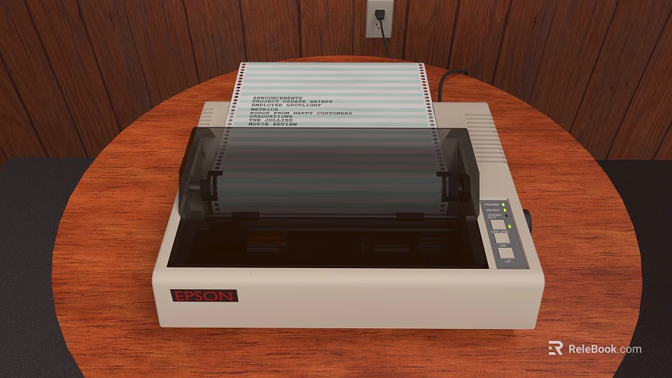 Efficient Dot Matrix Office Printer on Wooden Desk with Paper Output 3d model 