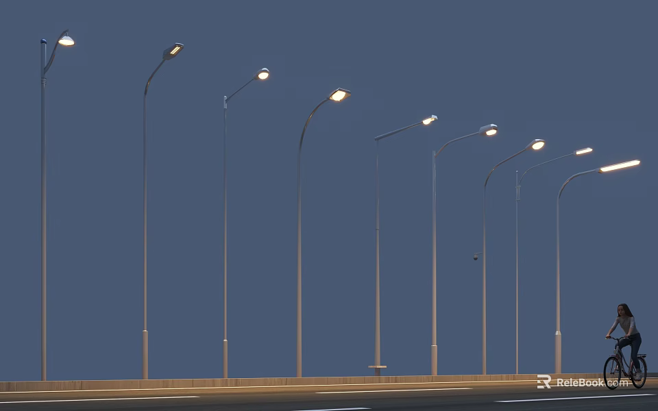 Illuminated Outdoor Street Lights Arranged In A Row Under Blue Sky 3d model 