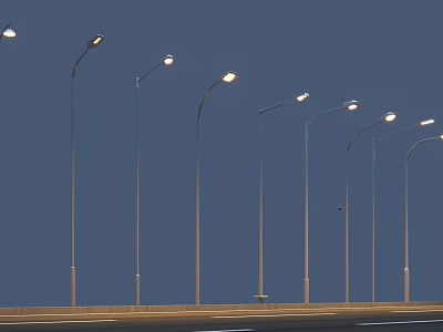 Illuminated Outdoor Street Lights Arranged In A Row Under Blue Sky 3d model
