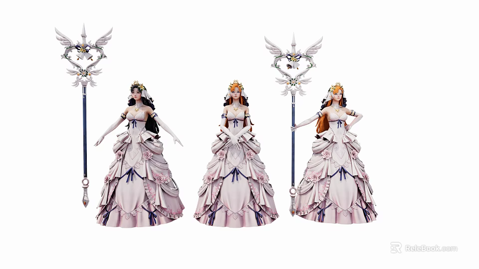 Game And Movie Female Characters In Elegant Long Dresses With Ornate Staffs And Crowns 3d model 