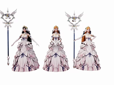 Game And Movie Female Characters In Elegant Long Dresses With Ornate Staffs And Crowns 3d model