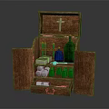Open Wooden Chest With Cross Green And Blue Bottles Scrolls And Small Cups