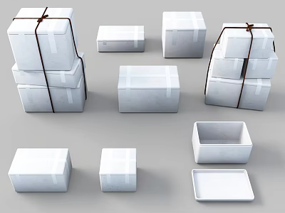White Cardboard Boxes Stacked And Tied With Rope In Various Arrangements 3d model