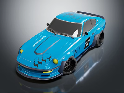 Blue Sports Car With Custom Black Graphics Yellow Headlights Black Wheels And Rear Spoiler 3d model