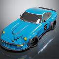 Blue Sports Car With Custom Black Graphics Yellow Headlights Black Wheels And Rear Spoiler