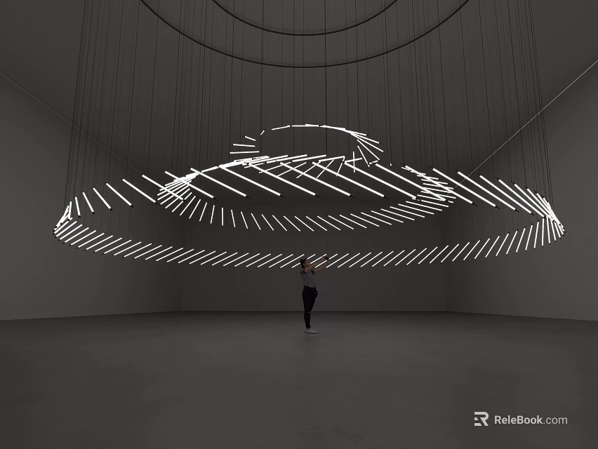 Modern Suspended Art Installation With Illuminated Circular White Line Structures In Gallery Space 3d model 