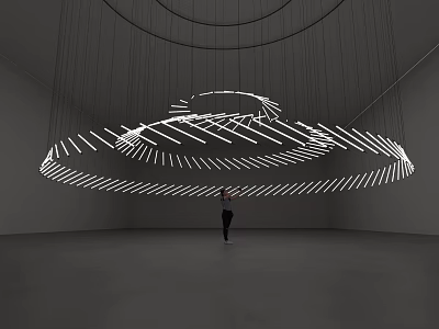 Modern Suspended Art Installation With Illuminated Circular White Line Structures In Gallery Space 3d model