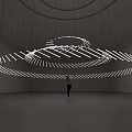 Modern Suspended Art Installation With Illuminated Circular White Line Structures In Gallery Space