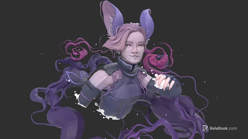 Game and Movie Character With Pink Hair Purple Ears Dark Outfit Purple Tentacles Heart Elements 3d model 
