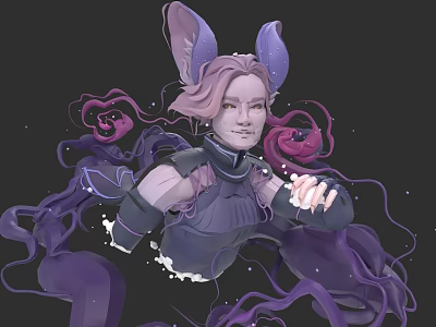 Game and Movie Character With Pink Hair Purple Ears Dark Outfit Purple Tentacles Heart Elements 3d model