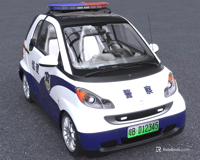 Small White And Blue Police Car With Roof Mounted Lights And License Plate 3d model 