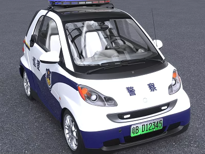 Small White And Blue Police Car With Roof Mounted Lights And License Plate 3d model