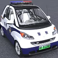 Small White And Blue Police Car With Roof Mounted Lights And License Plate