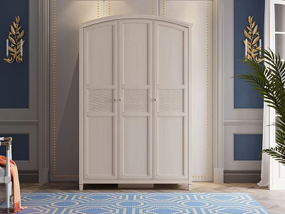 White Three Door Wardrobe Against Blue Walls With Gold Trim Geometric Rug And Plant 3d model
