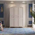 White Three Door Wardrobe Against Blue Walls With Gold Trim Geometric Rug And Plant