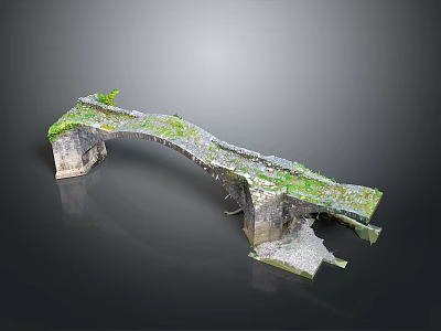 Ancient Stone Bridge Ruins Covered With Green Moss And Broken Structure 3d model