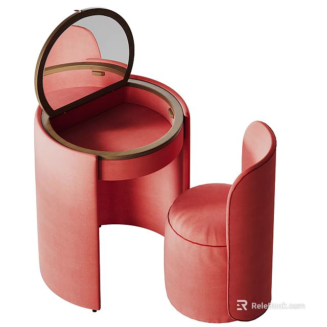 Pink Modern Dressing Table with Round Mirror and Matching Upholstered Chair 3d model 
