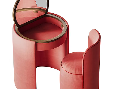 Pink Modern Dressing Table with Round Mirror and Matching Upholstered Chair 3d model