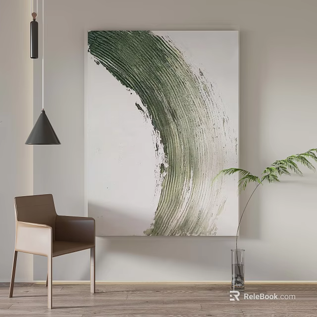 Minimalist Interior With Large Abstract Green Painting Chair And Floor Lamp 3d model 