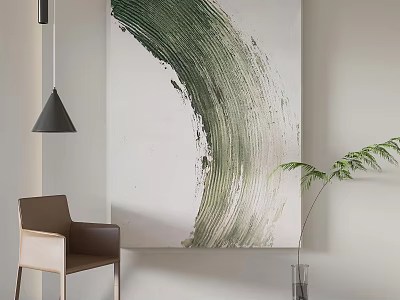 Minimalist Interior With Large Abstract Green Painting Chair And Floor Lamp 3d model