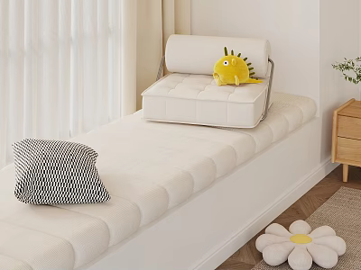 Cozy Bay Window Nook With White Cushion Dinosaur Toy Striped Pillow And Wooden Cabinet 3d model