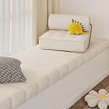 Cozy Bay Window Nook With White Cushion Dinosaur Toy Striped Pillow And Wooden Cabinet