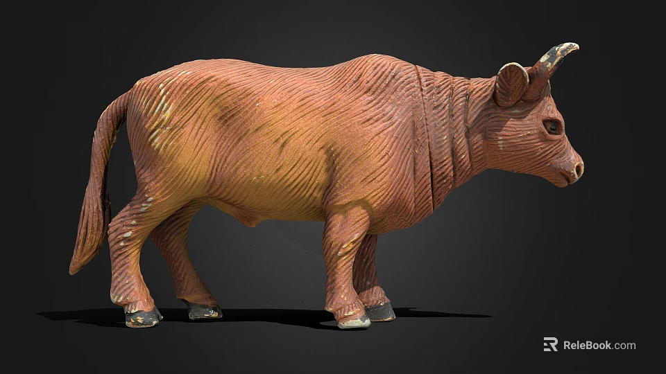 Brown Cow Sculpture With Textured Body And Horns On Black Background 3d model 