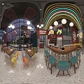 Vibrant Shopping Mall Store With Red Walls Neon Signs Glass Doors And Green Bar Stools