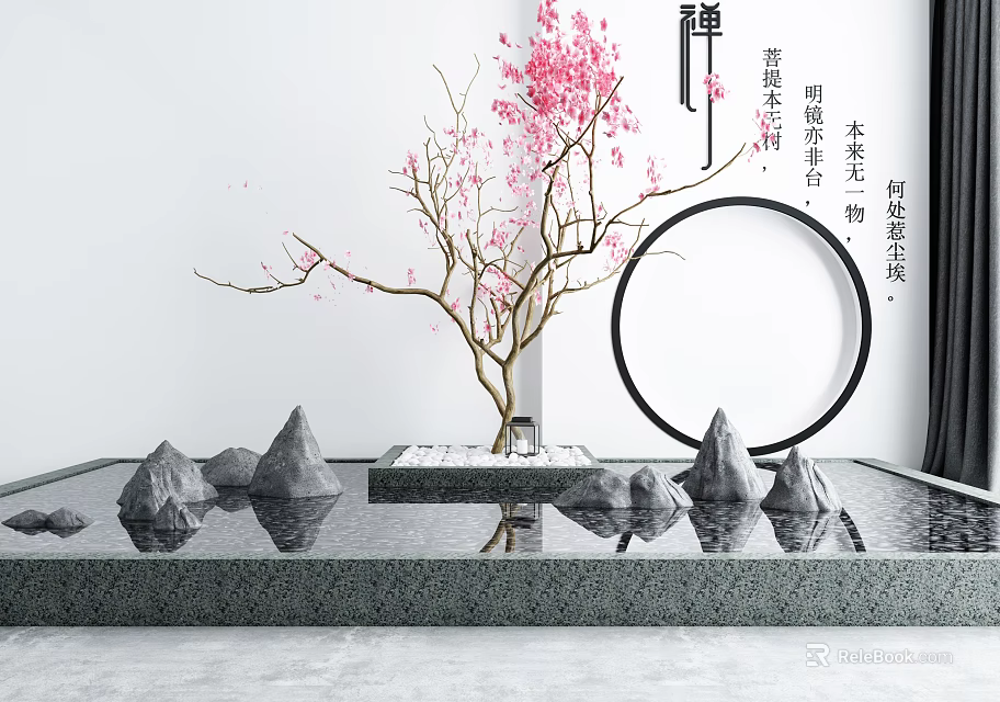 Zen Courtyard Garden With Pink Blossom Tree Round Decor And Rock Formations 3d model 