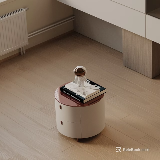Modern White Round Bedside Table With Drawer And Astronaut Figurine On Books 3d model 