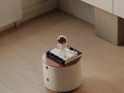 Modern White Round Bedside Table With Drawer And Astronaut Figurine On Books 3d model