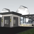 Modern Entrance Building With Glass Corridor And Advantage Sign Surrounded By Trees