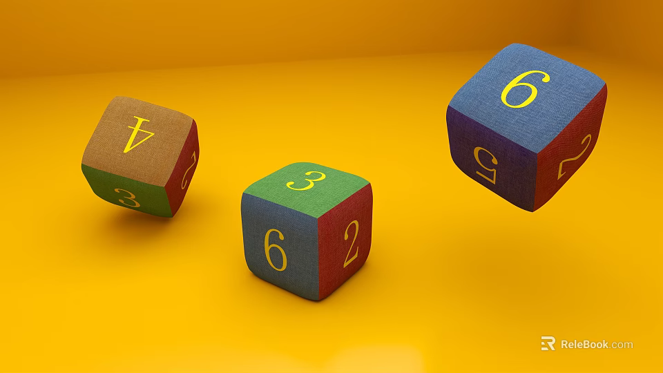 Colorful Dice with Numbers for Board Game Entertainment on Yellow Background 3d model 