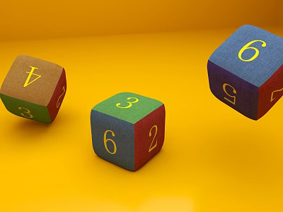 Colorful Dice with Numbers for Board Game Entertainment on Yellow Background 3d model