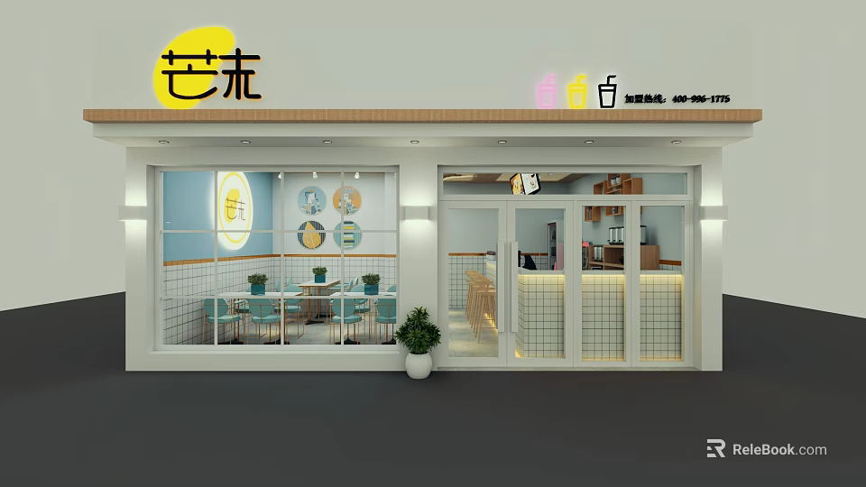 Cozy Cafe Exterior With Glass Windows Wooden Tables Chairs Green Plant And Warm Lighting 3d model 