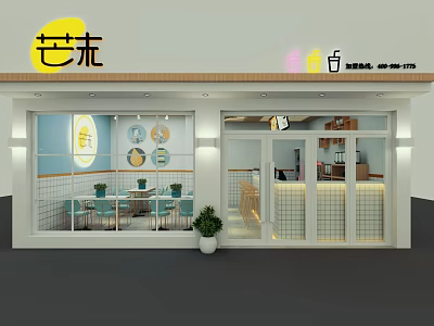 Cozy Cafe Exterior With Glass Windows Wooden Tables Chairs Green Plant And Warm Lighting 3d model
