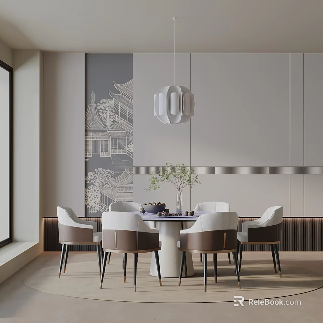 Elegant Modern Dining Table Set With Upholstered Chairs Wall Mural Pendant Light And Tabletop Plant 3d model 