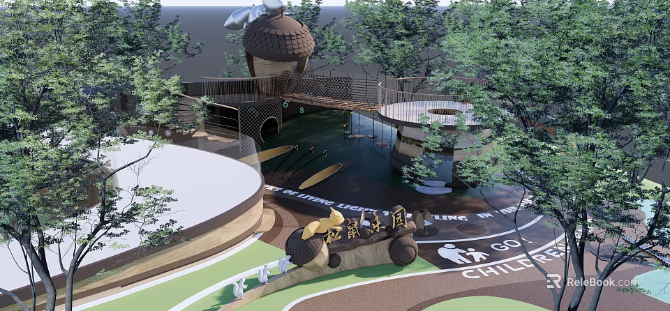 Squirrel Themed Children's Playground With Tree Shaped Structures Slides And Pathways 3d model