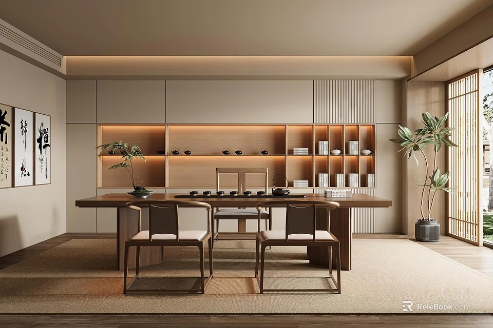 Minimalist Japanese Tea Room Interior With Wooden Furniture Tea Sets Bookshelves And Green Plants 3d model 