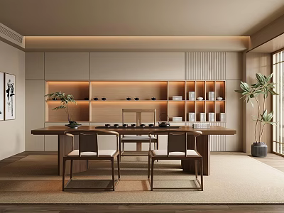 Minimalist Japanese Tea Room Interior With Wooden Furniture Tea Sets Bookshelves And Green Plants 3d model