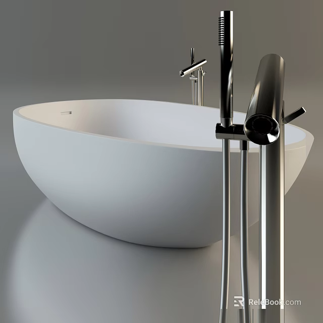 Modern Freestanding White Bathtub With Sleek Metal Faucet And Chrome Fixtures 3d model 