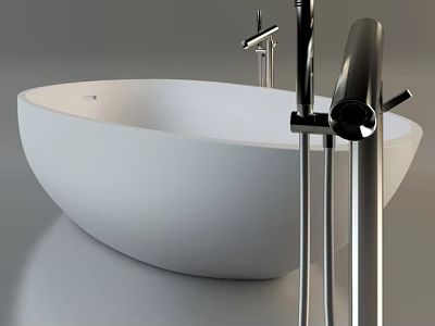 Modern Freestanding White Bathtub With Sleek Metal Faucet And Chrome Fixtures 3d model