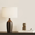 Modern Table Lamp with Dark Brown Angular Base White Fabric Shade and Decorative Sculpture 3d model