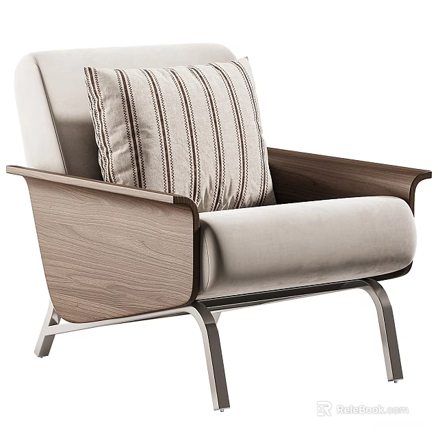 Modern Beige Single Sofa With Wooden Armrests Striped Cushion And Metal Legs 3d model 