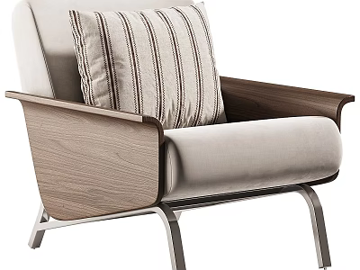 Modern Beige Single Sofa With Wooden Armrests Striped Cushion And Metal Legs 3d model
